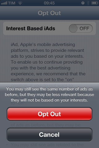 iAds Opt-out screen